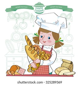 Girl on kitchen with different products cooks food.Separate layers of objects and background for easy editing. Illustration done in cartoon style.