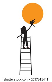 Girl on ladder, vector. Little girl silhouette hollding bird, reaching the sun, illustration. Wall decals isolated on white background. Wall art, artwork, childish cartoon illustration