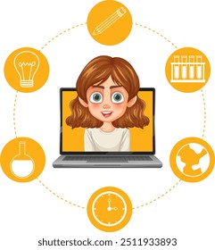Girl on laptop with educational icons around