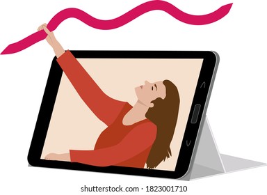 The girl on the laptop screen holds the red ribbon on her arm.The Girl In The Hands Holding A Pink Cancer Awareness Ribbon.