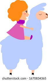 Girl on llama, illustration, vector on white background.
