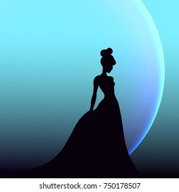 Girl on long dress and blue planet