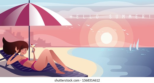 Girl on a lounger with a cocktail relaxes on a city beach. Vector illustration.