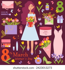 Girl on March 8th. The beginning of spring, flowers and butterflies are flying around. The girl has cosmetics with her, she wants to be beautiful on this holiday. Set of vector illustrations EPS 10