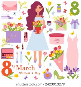  Girl on March 8th. The beginning of spring, flowers and butterflies are flying around. The girl has cosmetics with her, she wants to be beautiful on this holiday. Set of vector illustrations EPS 10