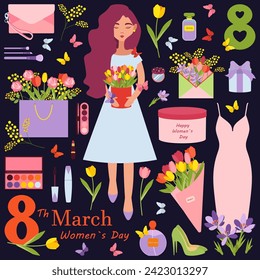 Girl on March 8th. The beginning of spring, flowers and butterflies are flying around. The girl has cosmetics with her, she wants to be beautiful on this holiday. Set of vector illustrations EPS 10