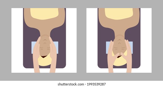 Girl on the massage table, top view. Facial massage, self-care. Massage parlour. Natural beauty treatments. Vector illustration.