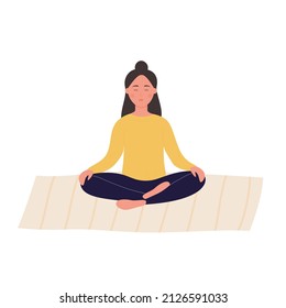 Girl on mat meditating in yoga lotus position. Practicing body health and mindful harmony cartoon vector illustration