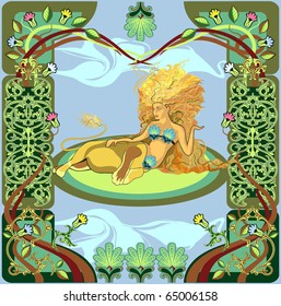 girl on the meadow in the form of a lion in the forest palyane patterned