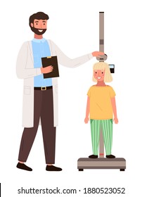 Girl on medical check-up with male pediatrician doctor. Physical examination of the growth process. The doctor measures the child's height. Little patient at the appointment with a pediatrician