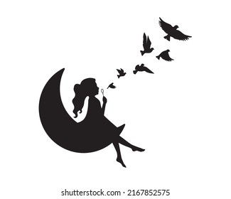 Girl On A Moon Blowing Bubbles And Flying Birds, Vector. Girl Silhouette On A Moon. Wall Decals Isolated On White Background, Art Design, Artwork. Black And White Art Design