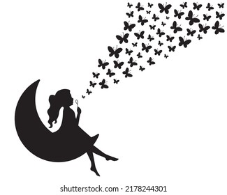 Girl on a moon blowing bubbles and butterflies silhouettes, vector. Girl silhouette on a moon. Wall decals isolated on white background, art design, artwork. Black and white art design