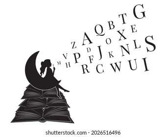 Girl on a moon blowing letters, vector. Girl silhouette on a tower of open books with stars. Wall decals isolated on white background, art design, artwork. Black and white art design