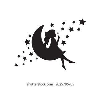 Girl on a moon blowing stars, vector. Girl silhouette on a moon with stars. Wall decals isolated on white background, art design, artwork. Black and white art design