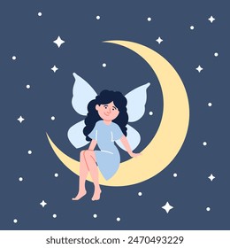 Girl on moon. Cute little toddler with butterfly wings dreaming in star sky. Magic cute fairy lady rest. Childish night sleep tale, recent vector scene