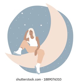 Girl on the moon. Minimalist boho style vector pattern background for design boho wedding card, party invitation, t shirt print, contemporary fashion shop poster etc