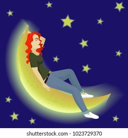Girl on the moon with sky background