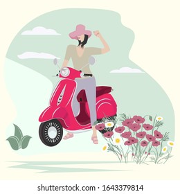 Girl on a motor scooter in nature, wildflowers - poppies and daisies - illustration, vector. Lifestyle