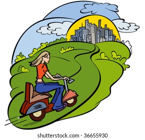 girl on motorbike goes on rural road to city, which is seen on horizon