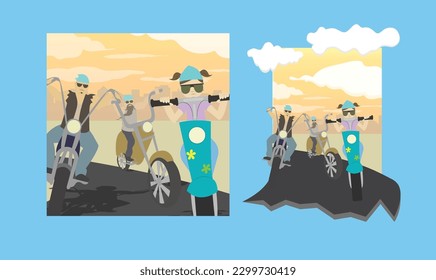 Girl on Motorcycle Riding with a Male Gang at Sunset