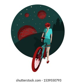 girl on a mountain bike looks at the stars and planets in the night sky