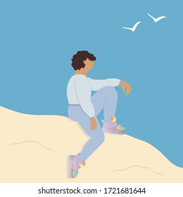 Girl on the mountain. Climbing to top of rock. View from mountain peak. White seagulls. Dangerous sport. Mountaineering. Girl in sportswear and sneakers resting after dangerous mountain climb. Vector.
