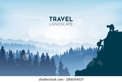 Girl on a mountain looks down at guy who climbs up. Hiking. Adventure. Travel concept of discovering, exploring and observing nature. Polygonal minimalist graphic flat design. Vector illustration.