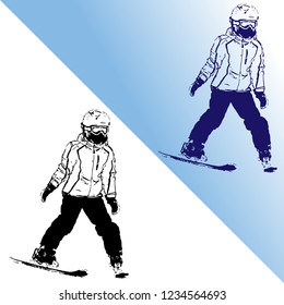 The girl on mountain skiing climbing down a mountain, a stamp, a vector illustration, on white and on a gradient background