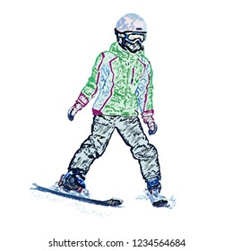The girl on mountain skiing the climbing-down a mountain, colored pencil, a vector illustration on a white background