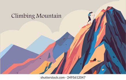 A girl on a mountain, wallpaper with girl climbing mountains, flat minimalist style vector illustration, girl climbing mountain illustration, overcoming challenges
