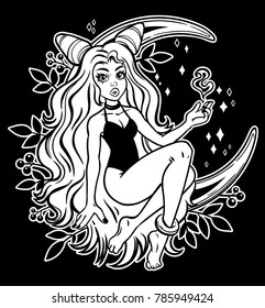 Girl on night floral crescent moon in vintage style. Dreamy magic cute art. Night, nature, wicca, symbol. Isolated vector illustration. Tattoo and t-shirt design.