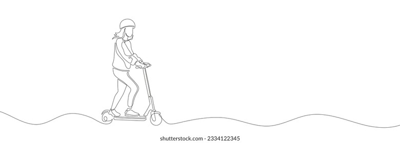 Girl on a one line electric scooter. Continuous line drawing scooter. Vector illustration