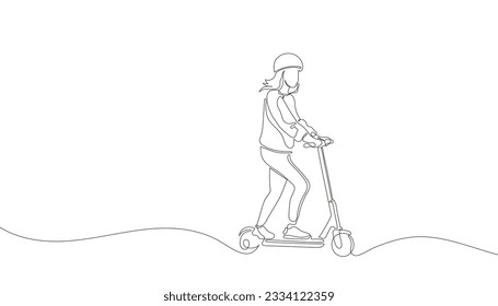 Girl on a one line electric scooter. Continuous line drawing scooter. Vector illustration