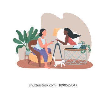 Girl on online date 2D vector web banner, poster. Friends drink wine. Women talk in video call flat characters on cartoon background. Virtual meeting printable patch, colorful web element
