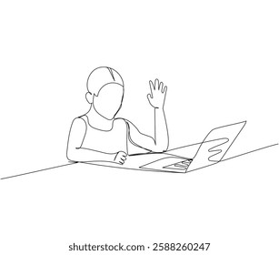 Girl on online learning, talking via video call, answering in class one line art. Continuous line drawing of online learning, knowledge, cognition, school, education, entertainment, video games.