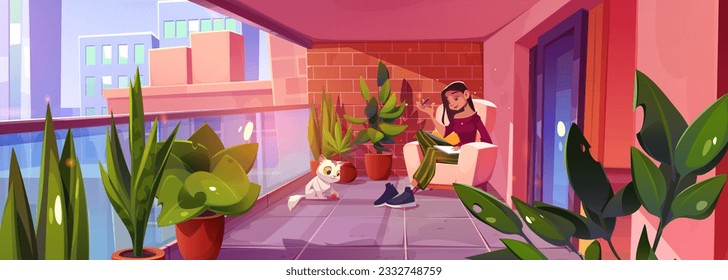 Girl on open balcony sitting and writing diary cartoon background. Brick wall on terrace interior with skyscraper building cityscape with female character on armchair near plant in pot and cat scene