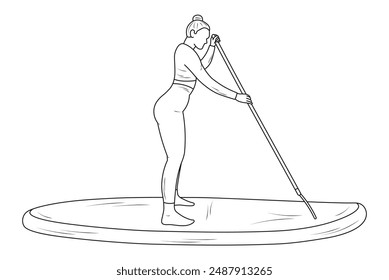 Girl on a paddleboard with a paddle silhouette sketch