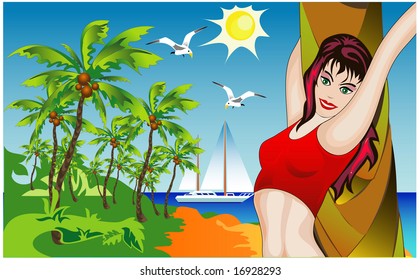 Girl on palm beach, tropical vacation: ship, sunset, island and palms , vector illustration