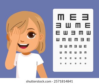 Girl on pediatrician vision visit vector illustration. Child testing visual acuity with E symbol chart