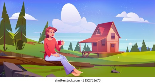 Girl on picnic on summer meadow with wooden house and coniferous trees. Vector cartoon illustration of rural landscape with woman with cup sitting on log, village cottage and forest