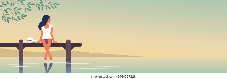 Girl on pier and resting. Summer vacation. Young woman is on holiday. Beautiful view on the sea. Design templates for banner, website, travel. Vector illustration