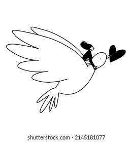 Girl on pigeon with heart for peace in the world line vector illustration for tattoo