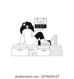 Girl on pile of papers holding calendar it's Tax Day. Vector art in linear design.