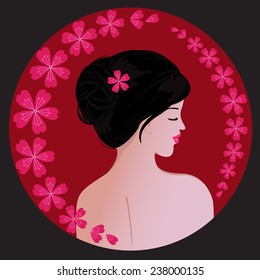 Girl on a pink background surrounded by cherry blossoms. 