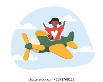 Girl on plane. Child in red sweater with white heart flies in sky among clouds. Adventure and travel. Imagination and fantasy. Template, layout and mock up. Cartoon flat vector illustration