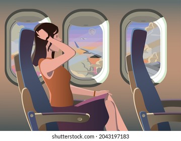 The girl on the plane near the window. Vector.