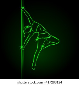Girl on the pole. Pole dance vector neon illustration.