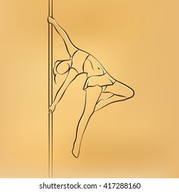 Girl on the pole. Pole dance vector retro drawing illustration.
