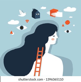 Girl on psychotherapy. Dream Head. Psychology vector illustration