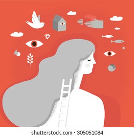 Girl on psychotherapy. Dream Head. Psychology vector illustration